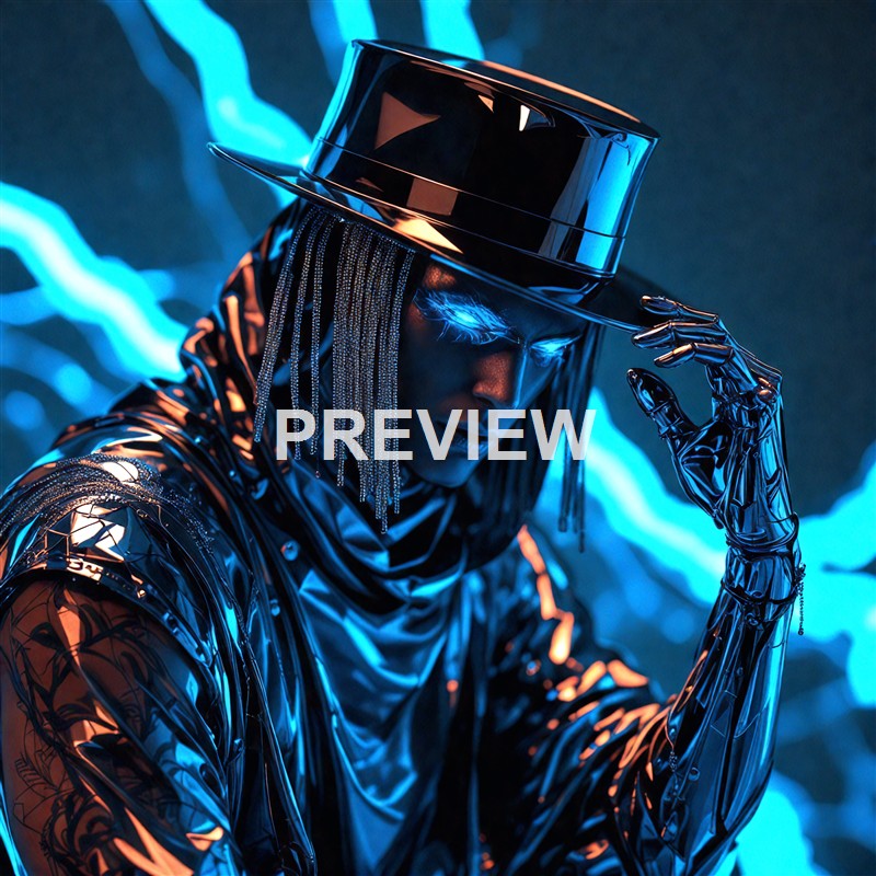A futuristic humanoid figure with glowing eyes, wearing reflective metallic clothing and a shiny hat, set against a backdrop of electric blue lightning.